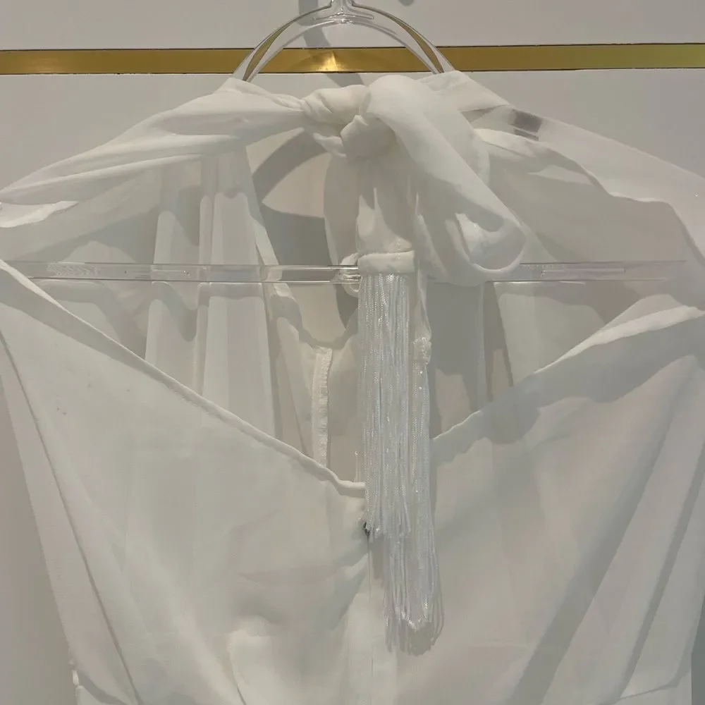 PRETTY LITTLE THING Swim Cover Up White Sheer Dress One Shouler with Fringe 6‎